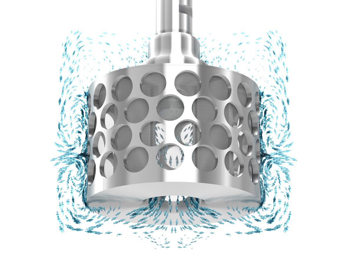 3D rendering of a SpinChem Rotating Bed Reactor (RBR) unit showing detailed fluid dynamics. A cylindrical perforated housing with multiple circular holes generates symmetrical flow patterns, visualized by light blue arrows radiating outward. The flow visualization demonstrates the efficient mass transfer achieved through the RBR's unique design, with fluid being drawn through the perforated walls and expelled radially