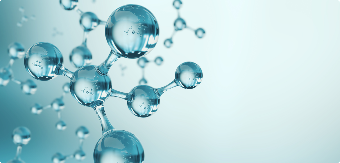 3D rendered image of a ball-and-stick model of a chemical structure with the transparent and shiny finish of water