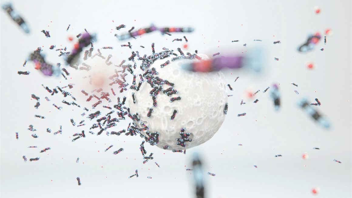 Microscopic view of rod-shaped molecules in various colors (blue, purple, and red) interacting with and attaching to a white spherical structure against a light background, demonstrating molecular binding processes relevant to chemical reaction engineering.