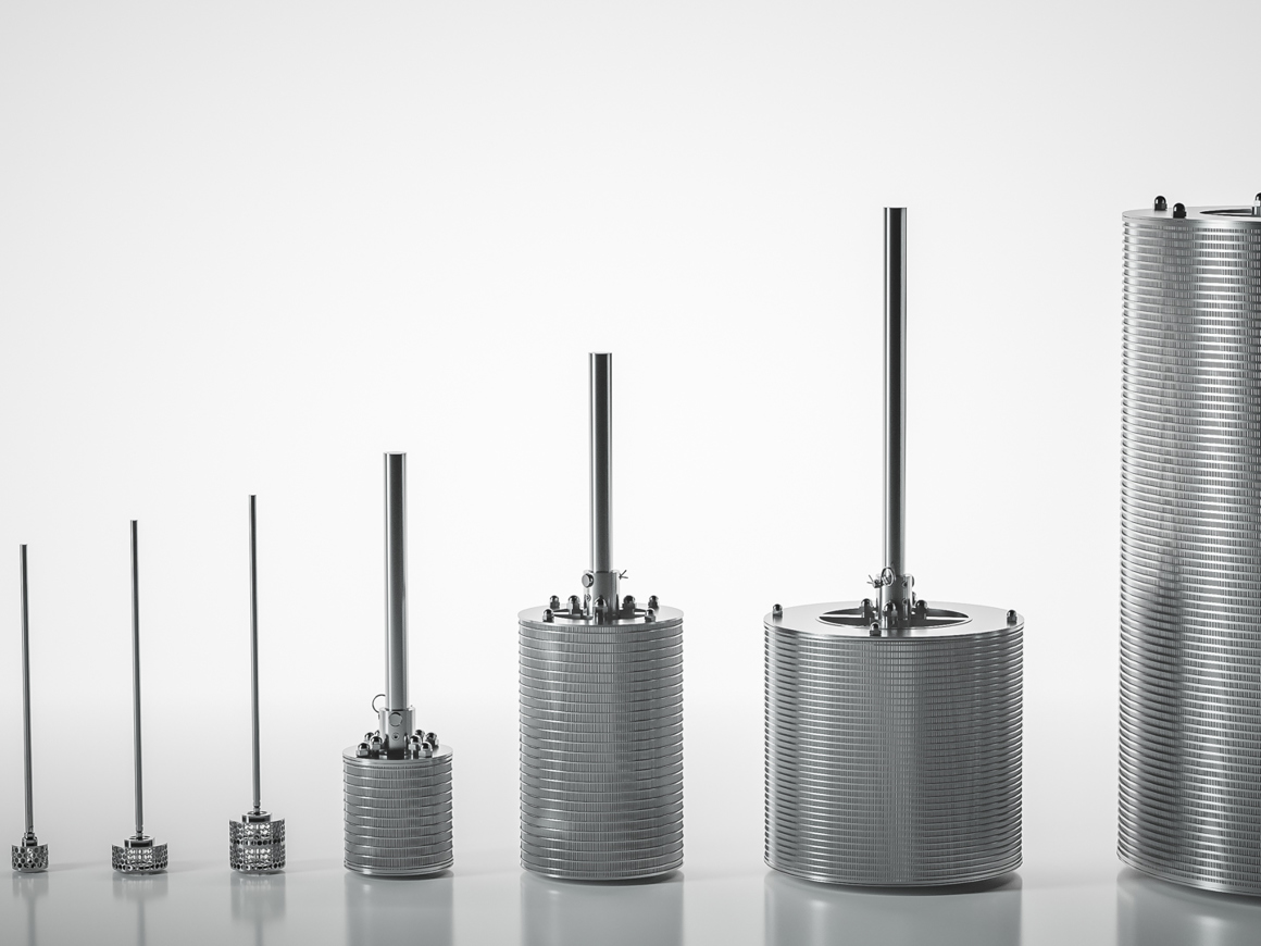 A black and white product lineup showing seven SpinChem Rotating Bed Reactors (RBRs) arranged in ascending size from left to right. The units range from small laboratory-scale to large industrial-scale models, each featuring a vertical shaft and cylindrical housing with progressively larger diameters. The smallest units have compact perforated housings while the largest units show extensive stacked disc designs