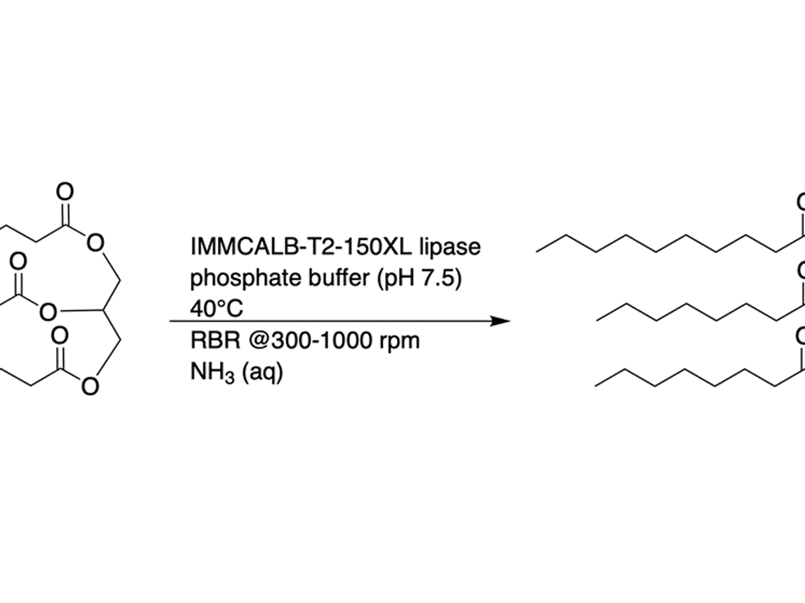 Reaction scheme illustrating enzymatic hydrolysis of triglycerides to fatty acids and glycerol using immobilized lipase in a SpinChem rotating bed reactor.
