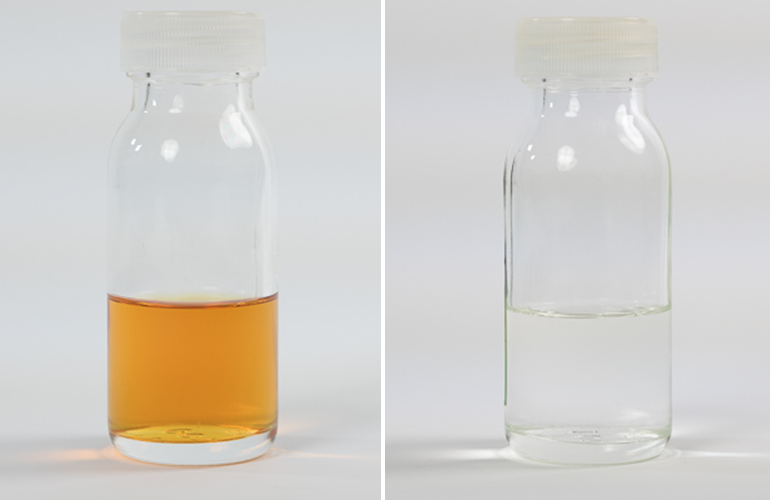 Side-by-side comparison of two glass bottles containing liquid. The left bottle shows an amber-colored solution of palladium catalyst in acetonitrile before treatment, while the right bottle shows the same solution after scavenging, now completely clear and colorless.