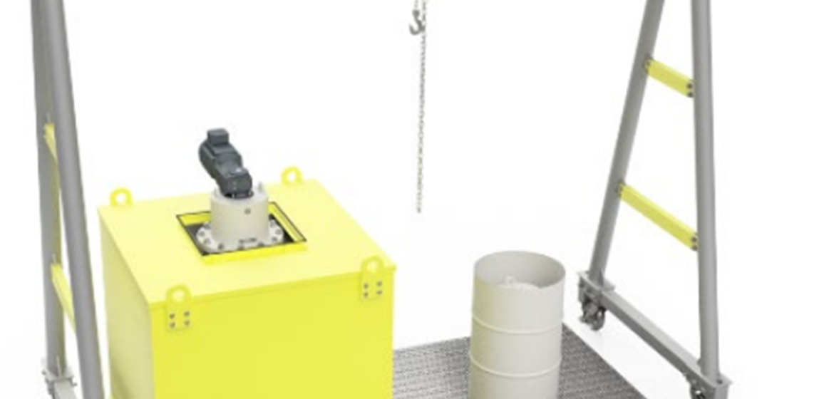 3D rendering of a gantry crane over a steel plate shielded IBC unit
