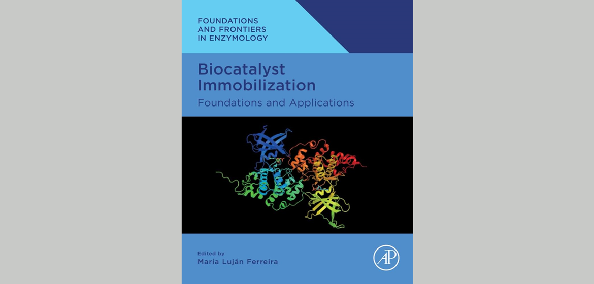 Cover des Buches Biocatalyst Immobilization showing a 3D illustration of an enzyme in rainbow colours against a blue and black background