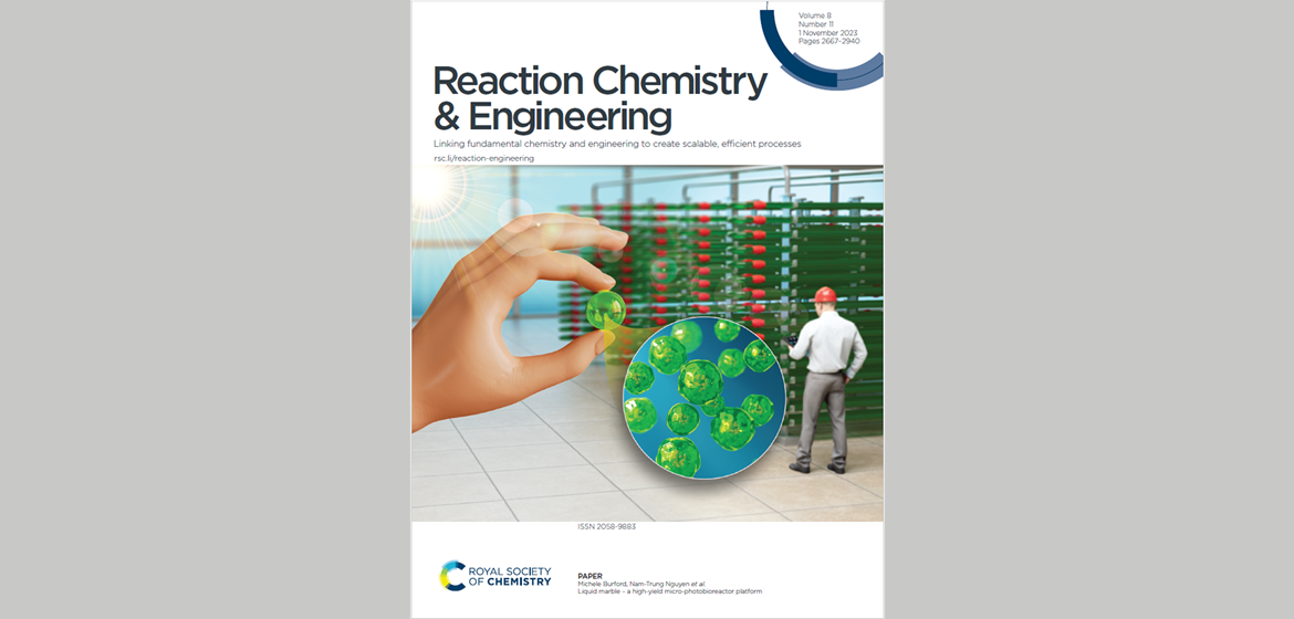 Cover of React. Chem. Eng. Journal showing a man in front of an array of tubular flow reactors and a hand holding an illustration of a cell