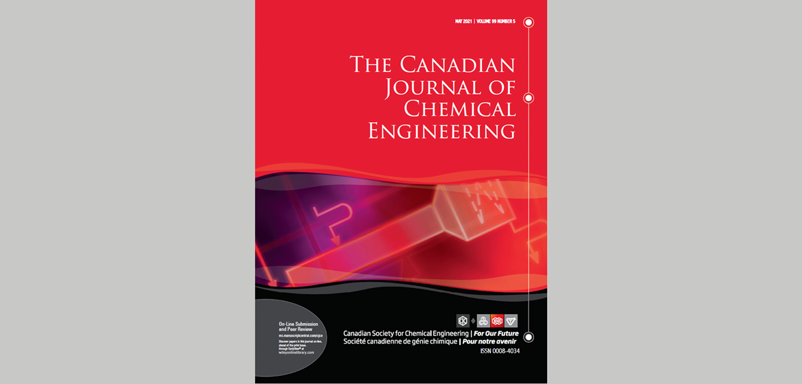 White lettering of "Canadian Journal of Chemical Engineering" against red background with light drawing of process units