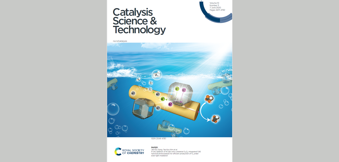 Cover of the Journal Catal. Sci. Technol. showing an illustration with crystals acting as catalysts in a chemical reaction