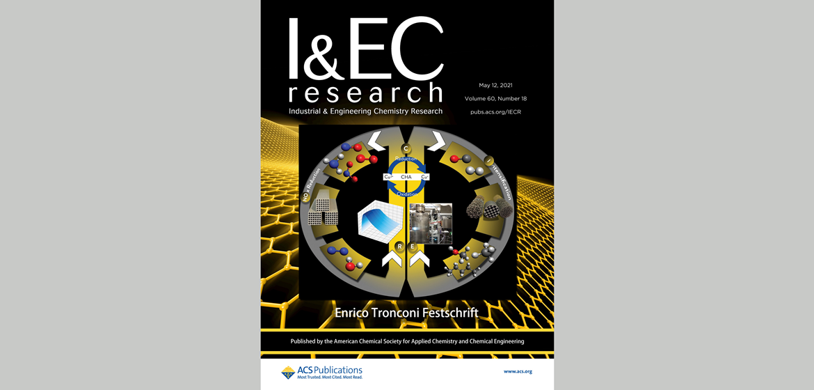 Cover of the Journal Ind. Eng. Chem. Res. showing the name of the journal in big white letters against a gold-designed background showing hexagonal pattern
