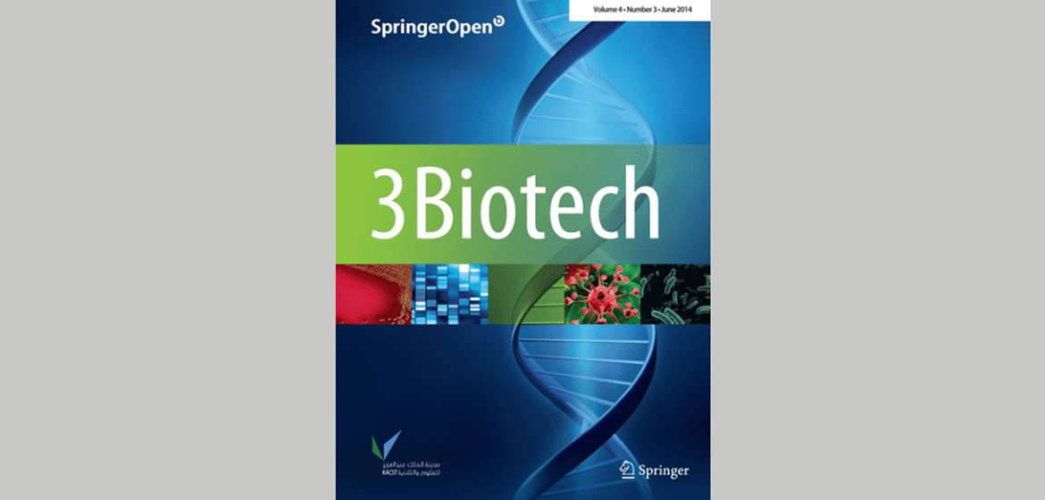 Cover of 3 Biotech journal showing a 3D rendering of a DNA helix in blue as background and the name of the journal in white overlaid